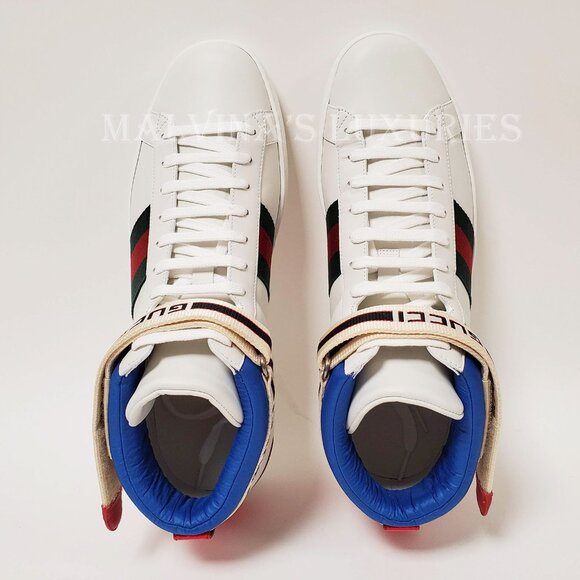 GUCCI SNEAKERS MENS ACE LOGO STRIPE WEB SNAKE BACK HITOP SHOES 6.5G / US 7 - Picture 4 of 13